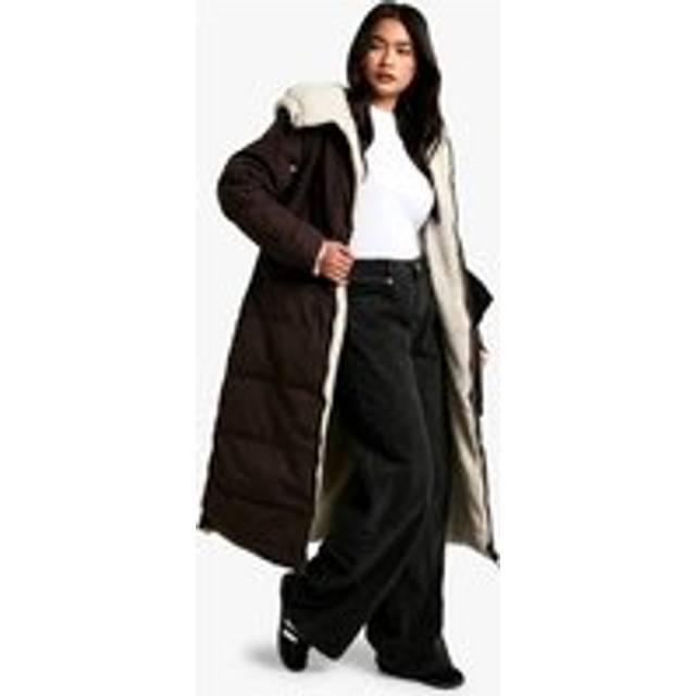 Womens Fur Lined Longline Puffer Jacket - Brown - Xs, Brown