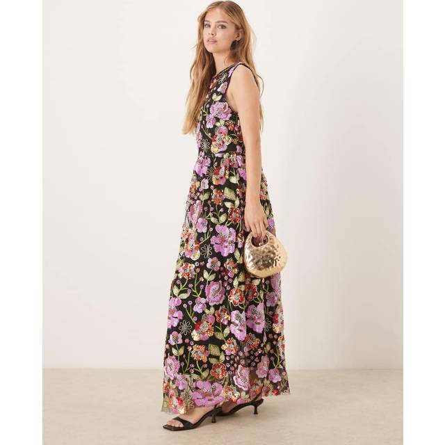 Sister Jane Embellished Floral Open Back Maxi Dress, Black