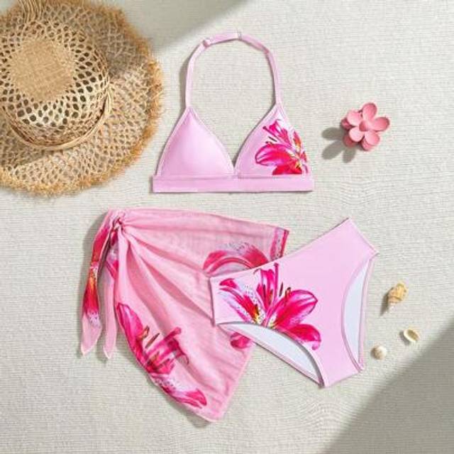 SHEIN Tween Girls Pink Floral Print Halterneck Bikini Swimsuit Set With Beach Skirt, Swim Suits For Girls 3 Piece