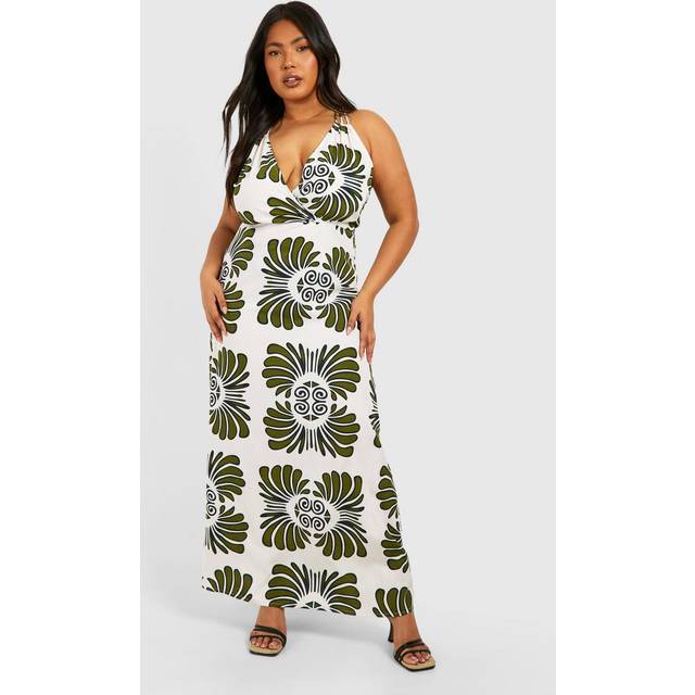 Womens Plus Woven Scarf Print Strappy V Neck Maxi Dress - Green - 22