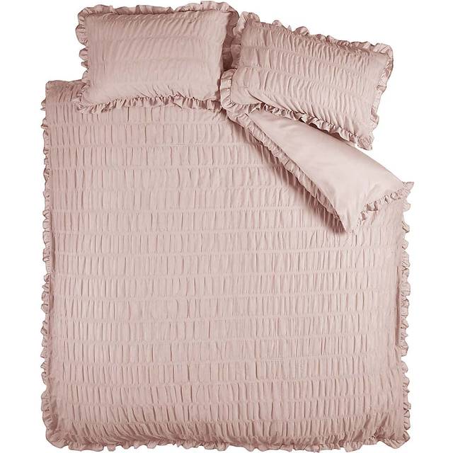 Catherine Lansfield Seersucker Frill Easy Care Duvet Cover Bedding Set Pink