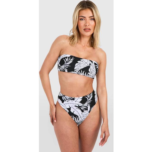 Womens Tropical Bandeau High Waist Bikini Set - Black - 8, Black