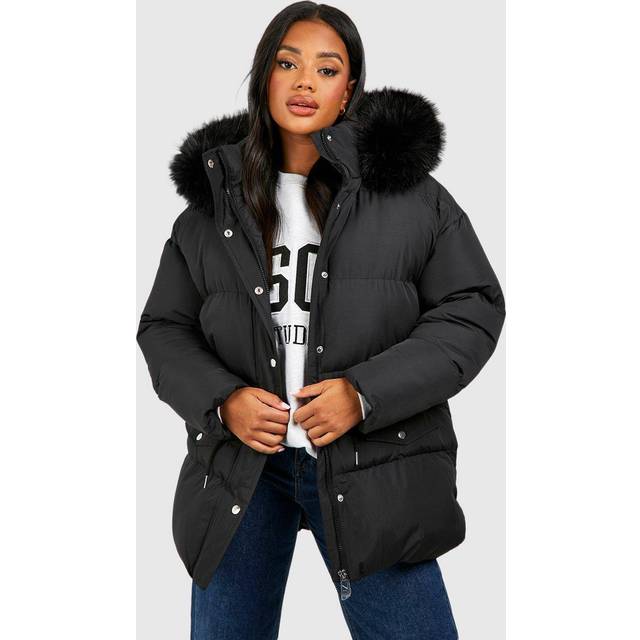 Womens Faux Fur Trim Parka - Black - 10