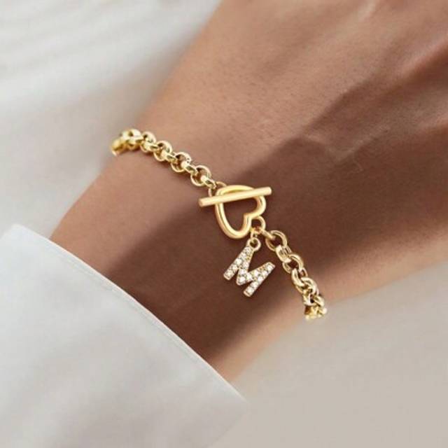 SHEIN 1pc Classic Pave Zirconia Initial Gold Color Heart Toggle Clasps O-Chain Bracelets For Women Valentines,Mom,Mother,Mother&#39;s Day,Gift