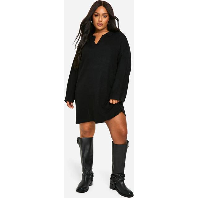 Womens Plus Soft Knit Fine Gauge Polo Collar Jumper Dress - Black - 28, Black