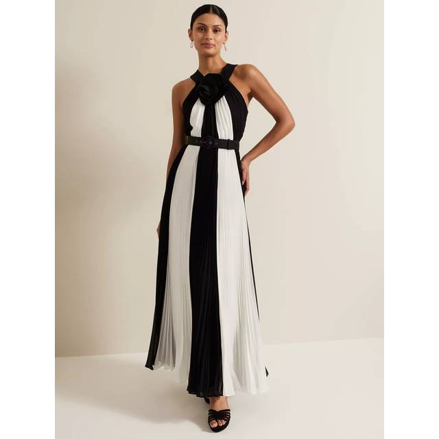 Phase Eight Taylor Monochrome Stripe Pleated Maxi Dress, Black/Ivory