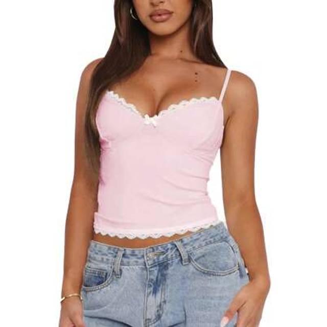 SHEIN Women Spaghetti Straps Camisoles Lace Trim V-Neck Sleeveless Backless Crop Tank Tops Summer Vests Tops Y2K Streetwear