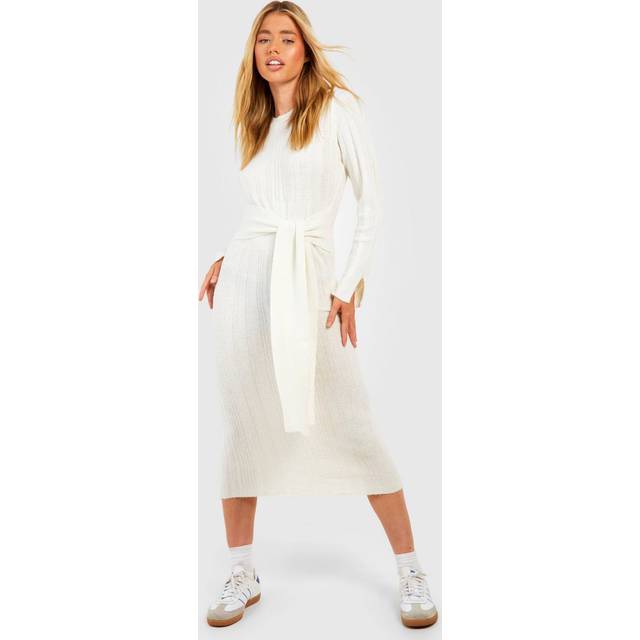 Womens Mixed Rib Soft Knit Belted Jumper Dress - Cream - M, Cream