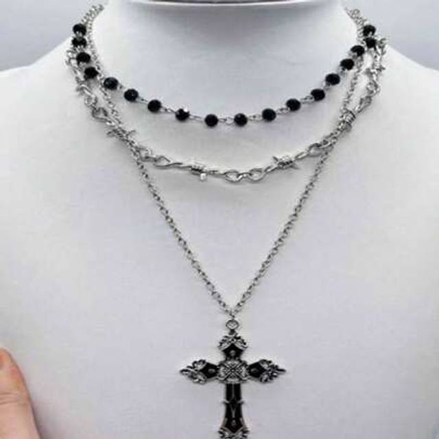 SHEIN 3pcs/Set Retro Gothic Style Dark Luxury Punk Cross & Thorn Layered Necklace, Beaded Choker Necklaces, Boho Metallic Necklaces For Women