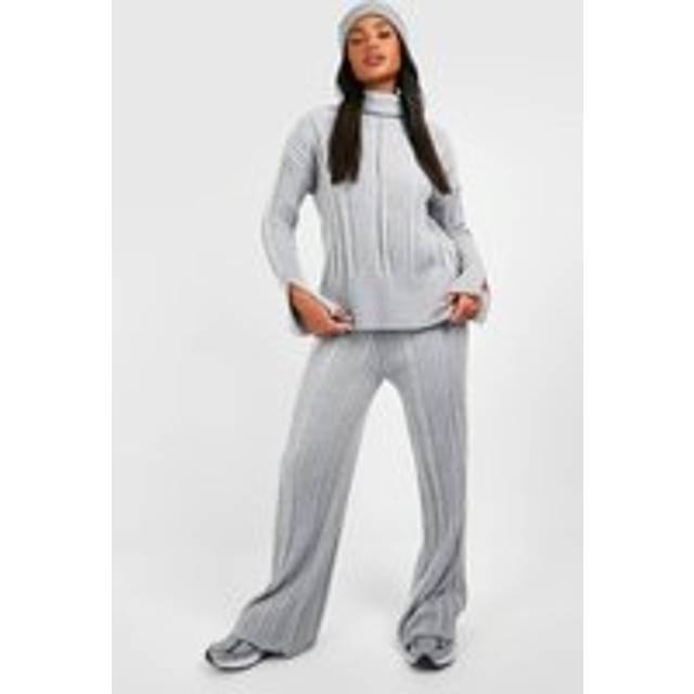 Womens Soft Mixed Rib Knit Wide Leg Trousers - Grey - L