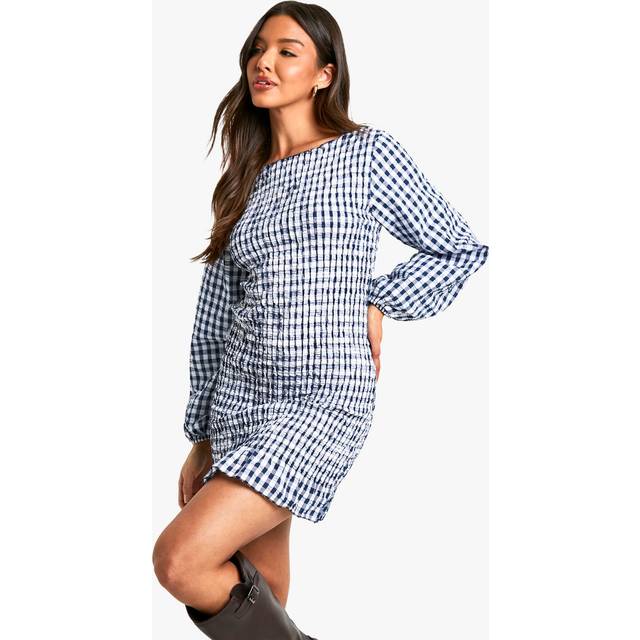 Womens Gingham Shirred Long Sleeve Mini Dress - Navy - 12