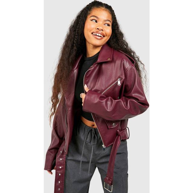 Womens Petite Faux Leather Oversized Biker Jacket - Red - 6