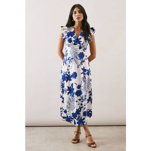 Womens Floral Print Bias Cut Satin V Neck Dress - Ivory - 10