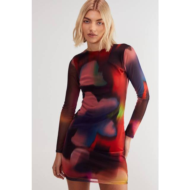 Womens Blurred Printed Mesh Long Sleeve Backless Tunic Mini Dress - Multi - XS