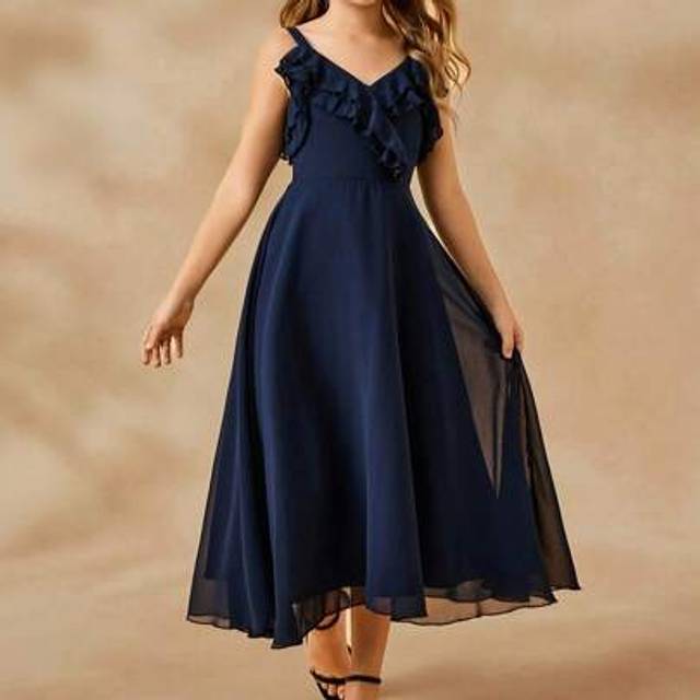 SHEIN Tween Girl Elegant Flower Girl Dress With Ruffle Hem, Wedding Party Long Gown