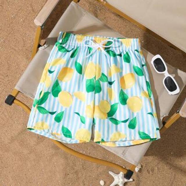 SHEIN Tween Boy Summer Tropical Fruit Print Elastic Waist Drawstring  Beach Shorts, Stylish Casual Striped Swim Trunks