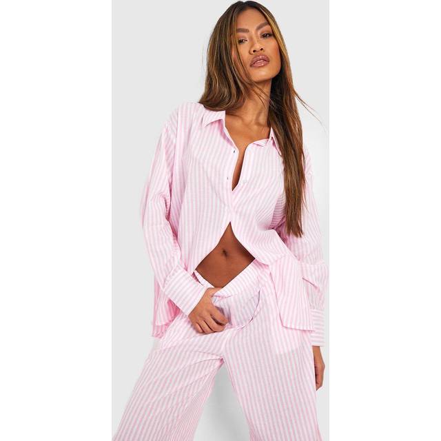 Womens Cotton Pinstripe Oversized Pyjama Shirt - Pink - 14, Pink