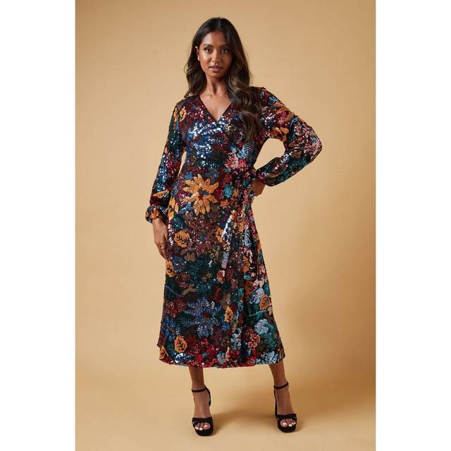 Oasis Womens Occasion Floral Sequin Wrap Midi Dress - Pink - Size 8 UK
