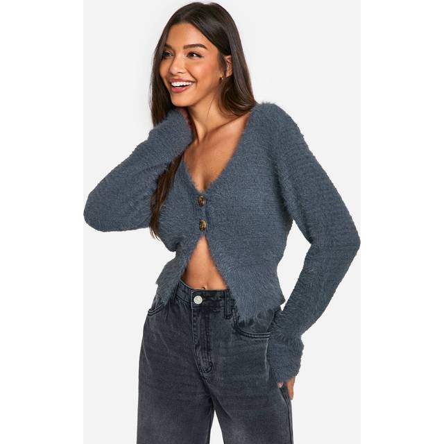 Womens Fluffy Knitted Button Cardigan - Grey - XL