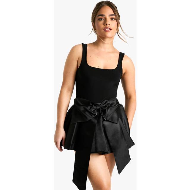 Womens Petite Satin Bow Skater Mini Skirt - Black - 6, Black