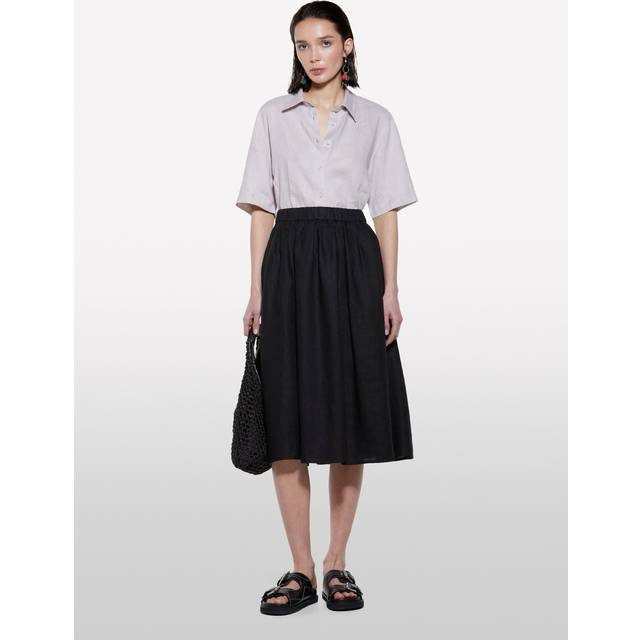 Sisley - Black Midi Skirt In 100% Linen, Woman, Black, Size: L