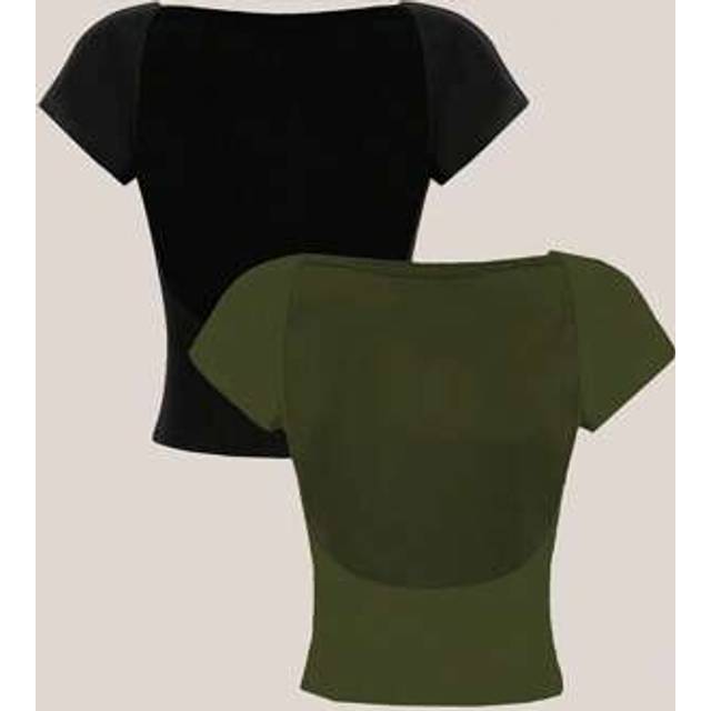 SHEIN 2pcs Black & Army Green Backless Crew Neck Short Sleeve Tight Cropped Women T-Shirts, Suitable For Summer