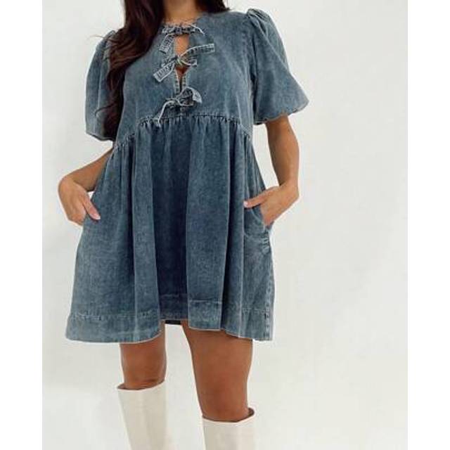 SHEIN Women Summer Tie Front Denim Dress Round Neck Puff Sleeve A-Line Mini Jean Dress With Pockets Streetwear