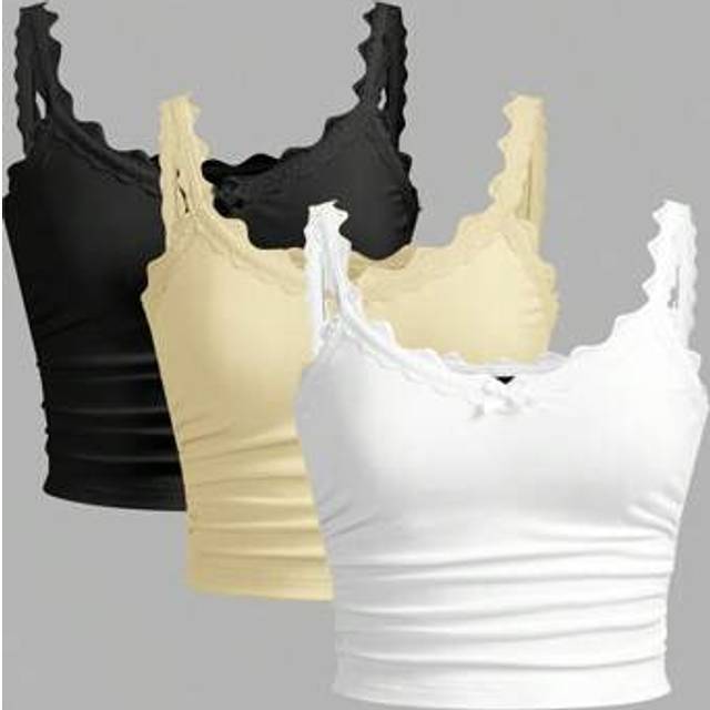 SHEIN 3pcs Set Women Casual Lace Trim Ruched Slim Fit Camisole Tops, Suitable For Summer,Black, Yellow, White