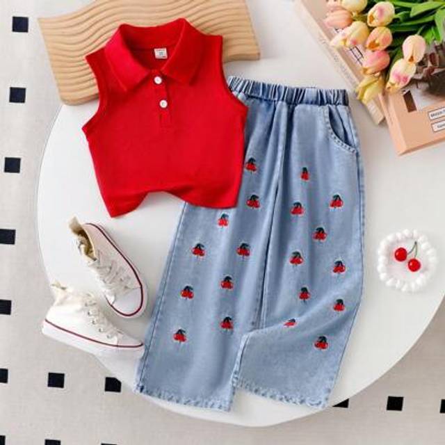SHEIN Girls (Small) Sleeveless Collar T-Shirt Solid Knit Top, Denim Cherry Embroidery With Pocket Long Pants Set, Summer Elegant Casual Everyday Outfit