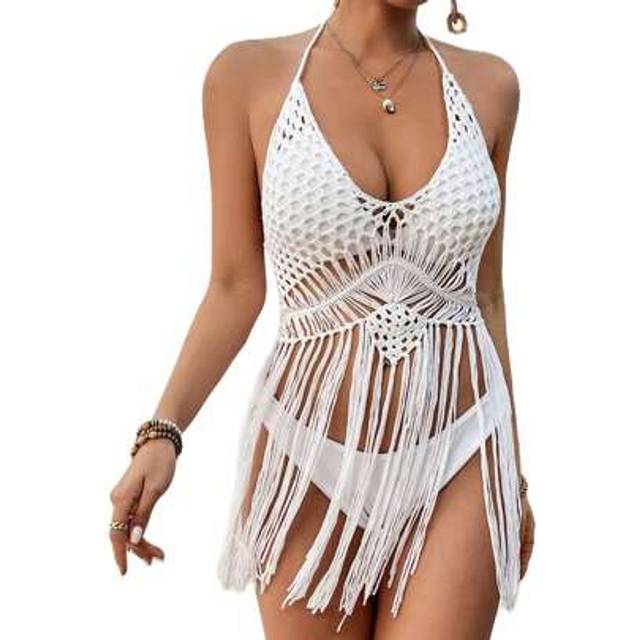 SHEIN Women&#39;s Crochet Bikini Cover Ups Sleeveless Halter Neck Hollow Out Tassel Tops Swimsuit Cover Ups