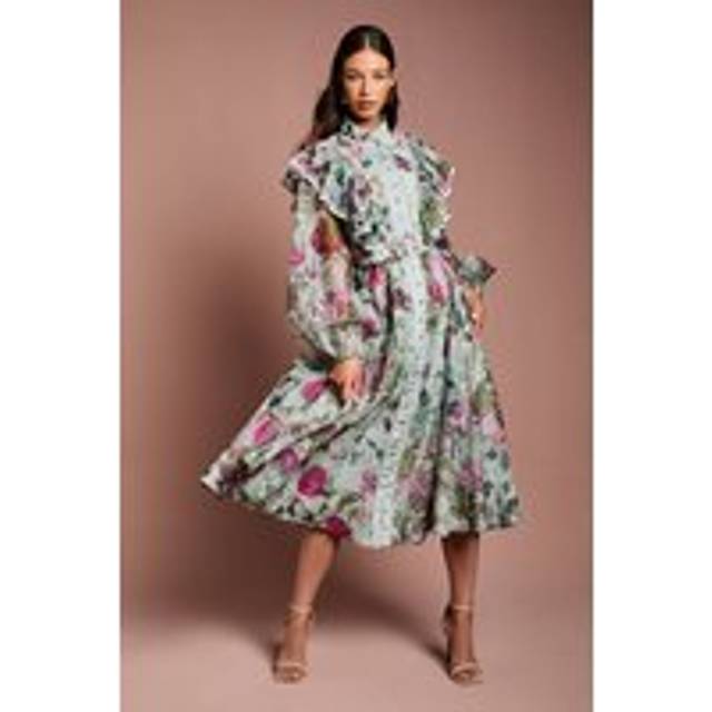 Long Sleeve Printed Organza Shirt Dress - Sage - 16