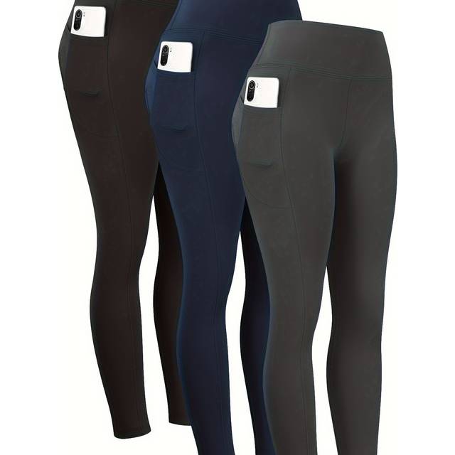 TEMU 3pcs Women's High-waist Cropped Leggings With Crescent Pockets - Stretchy, Comfortable & Stylish For All , Black, Solid Color, Tummy Control, High Waisted Legging