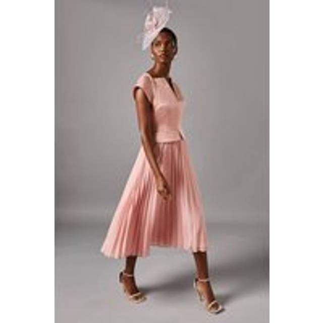 Cap Sleeve Pleated Skirt Midi Wedding Guest Dress - Pink - 10