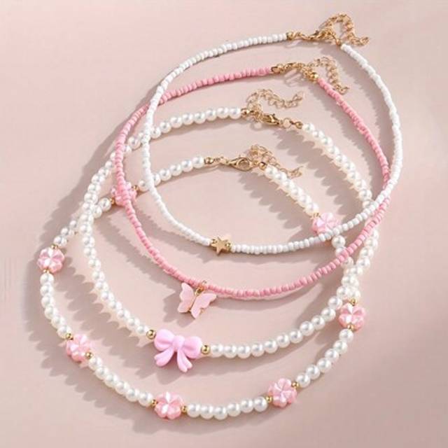 SHEIN 4pcs/Set Girls&#39; Butterfly Heart Flower Pearl & Beaded Handmade Necklace Set Children Teen Friendship Best Gift For Friends
