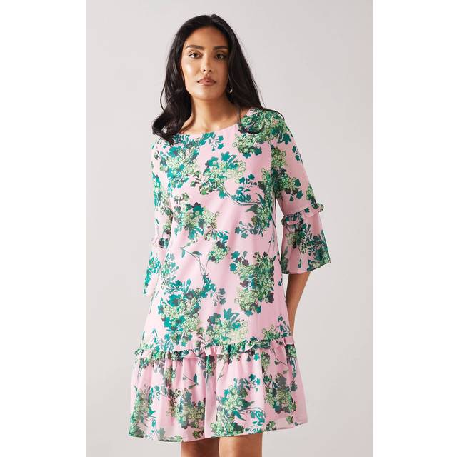 Womens Petite Floral Ruffle Sleeve Drop Hem Chiffon Shift Dress - Pink - 18