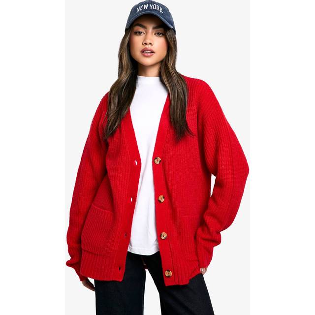 Womens Slouchy Soft Knit Oversized Boyfriend Cardigan - Red - S, Red