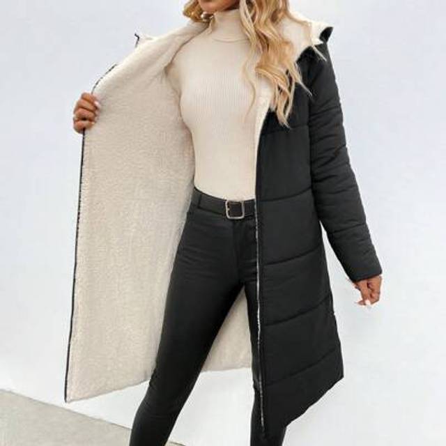 SHEIN Women Zip Up Hooded Teddy Lined Quilted Coat