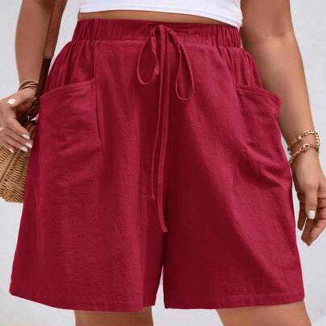 SHEIN Plus Size Casual Solid Color Pocket Drawstring Shorts Red Shorts For Women Women Summer Shorts Casual Shorts For Women Wide Leg Shorts Linen Shorts Fo