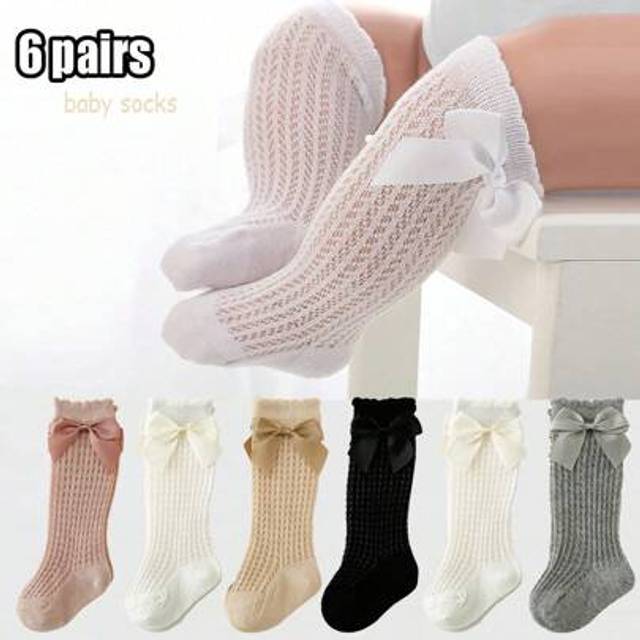 SHEIN 6Pairs Baby Girl Socks Toddler Bow Cotton Summer Mesh Lace Baby Knee Socks Newborn Infant Baby Princess Long Socks