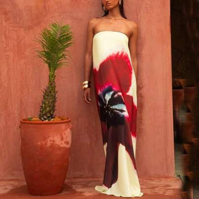 SHEIN Women Elegant Tube Top Maxi Dress,Strapless Backless Flower Print Summer Long Dress Casual Or Party Dresses