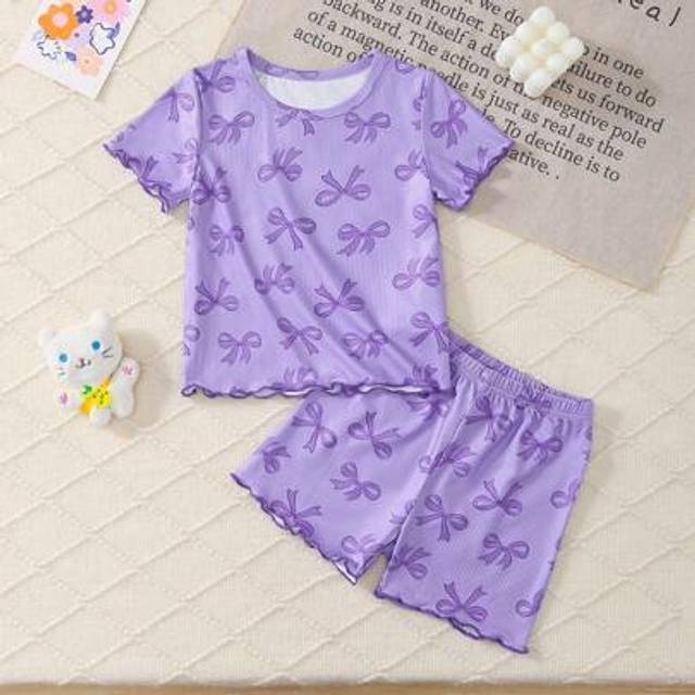 SHEIN 2pcs/Set Baby Girls Cute Digital Print Ribbon Bow Knit Round Neck Short Sleeve Top And Matching Bow Print Shorts Homewear Set