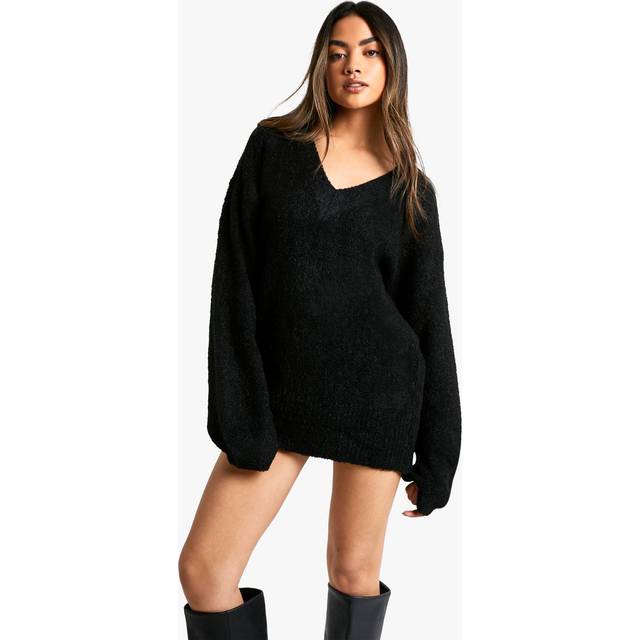 Womens Plunge V Neck Borg Mini Jumper - Black - M