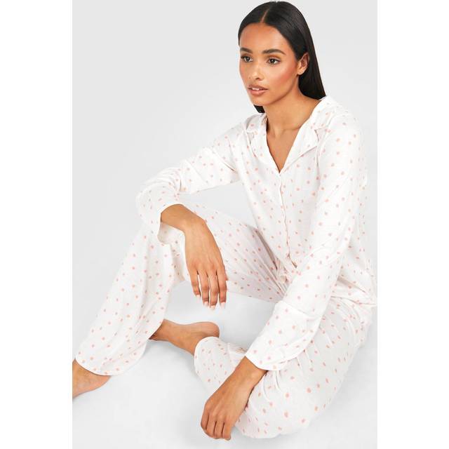 Womens Tall Peach Print Long Sleeve Shirt & Trousers Pyjama Set - White - 16