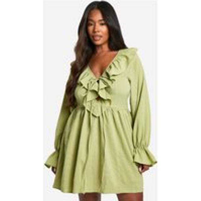 Womens Plus Textured Woven Frill Skater Dress - Green - 16