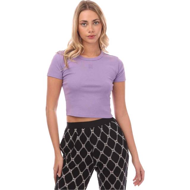 (14 UK, Purple) Hugo Womens/Ladies Stacked Logo Slim Crop T-Shirt