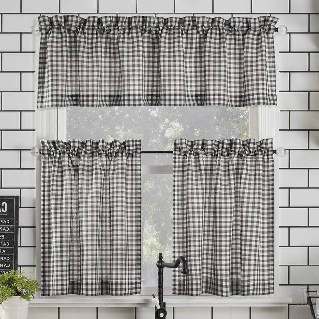 "No. 918 Parkham Farmhouse Plaid Semi-Sheer Rod Pocket Kitchen Curtain Valance and Tiers Set  54"""""""" x 24""""""""  Black/White"