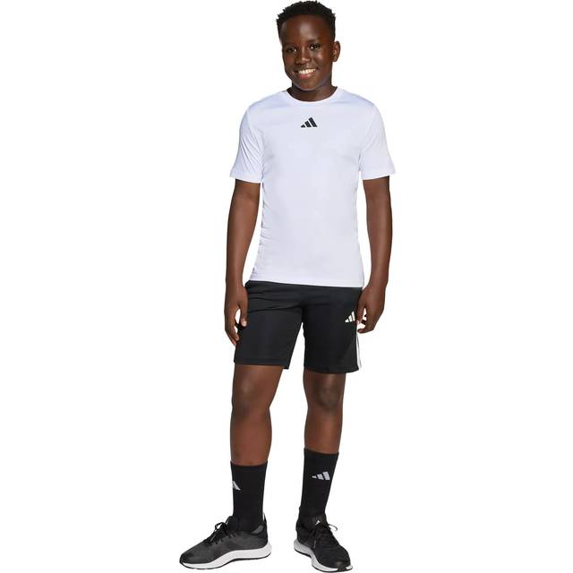 adidas Unisex Junior Training Essentials 3 Stripe T-Shirt &amp; Short Set - White, White, Size 11-12 Years - 11-12 YEARS