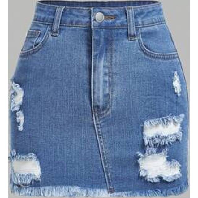 SHEIN Plus Size Casual Washed Distressed Fitted Denim Mini Skirt