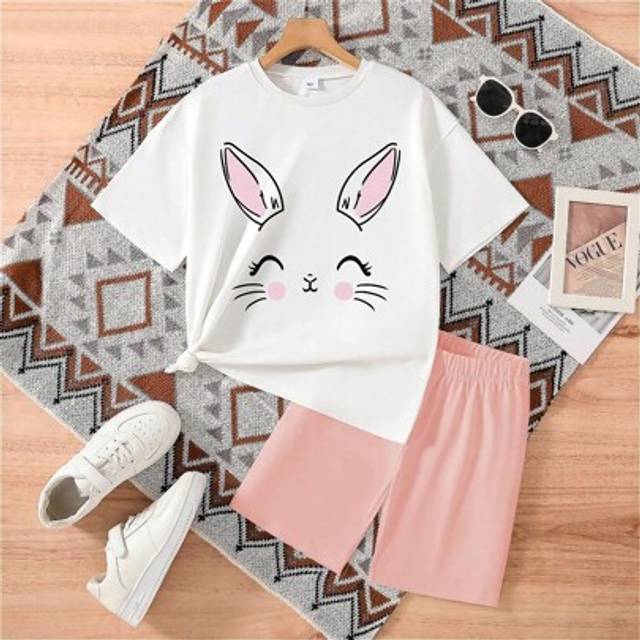 SHEIN Tween Girls Bunny Print Short Sleeve Top And Bike Shorts Set