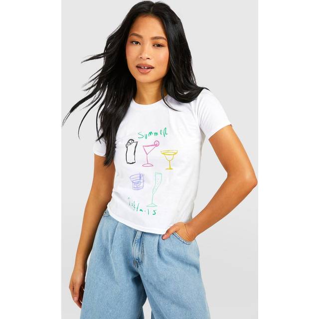 Womens Petite Summer Cocktails Baby Tee - White - 16, White